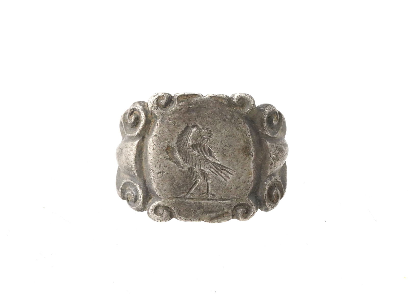 LARGE ANCIENT ENGRAVED W BIRD SILVER SIGNET RING (1 of 5)