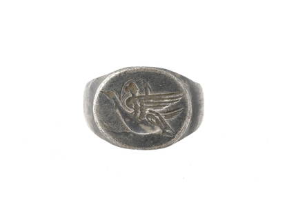 ANCIENT ENGRAVED SILVER SIGNET RING WITH APHRODITE: An ancient engraved silver signet ring with Aphrodite. The statement ring has a flat top engraved with a well detailed depiction of the Greek goddess Aphrodite riding a swan. Historical Finds And Arch