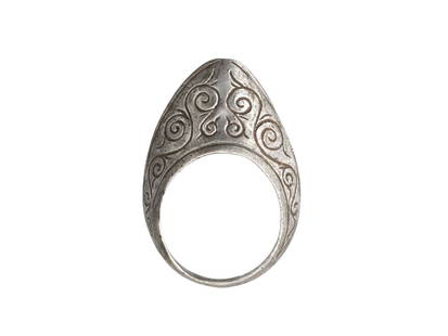 ANCIENT ROMAN ENGRAVED SILVER ARCHERS RING: An ancient Roman engraved silver archers ring. The ring was designed to protect the archers finger while shooting a bow. The ring is decorated with engraved scroll patterns all over the surface. Histo