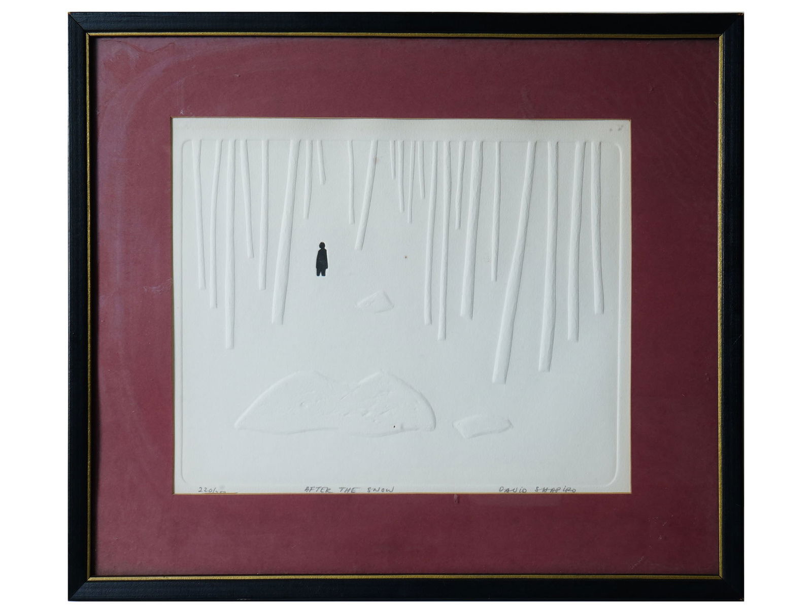 DAVID SHAPIRO AMERICAN LTD ED INTAGLIO LANDSCAPE: Intaglio on paper by David Shapiro, 1916 to 2005, an American artist and art teacher, member of the Society of American Graphic Artist. The artwork depicts a snow-covered forest with a single human fi
