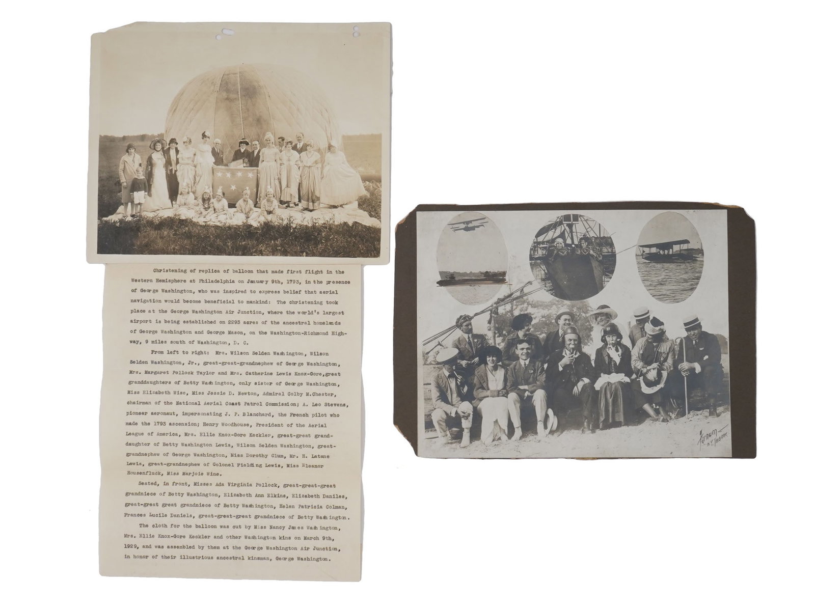 ORIGINAL ANTIQUE PHOTOGRAPHS OF EARLY AVIATION: A pair of original antique American black-and-white photographs dedicated to early aviation. Balloon launch, reenactment of a 1793 balloon which made the first flight in the Western Hemisphere, with a
