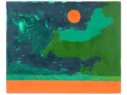 ABSTRACT LANDSCAPE OIL PAINTING SIGNED ETEL ADNAN: An oil painting on canvas, Bosphorus at Dawn, depicting an abstract landscape. Signed, Adnan, dated 86, and titled, on the backside. Etel Adnan was a Lebanese American poet, essayist, and visual artis