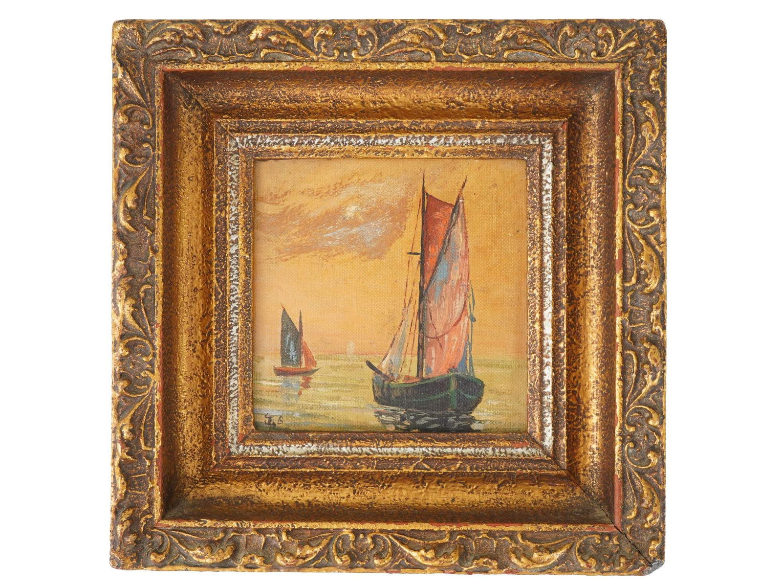 ANTIQUE FRENCH OIL PAINTING BY LOUIS BENTABOLE: Louis Bentabole, French, 1820 to 1880, an antique oil painting on masonite board depicting a seascape with sailboats. Signed with initials lower left. Framed. Louis Bentabole was a French artist, know