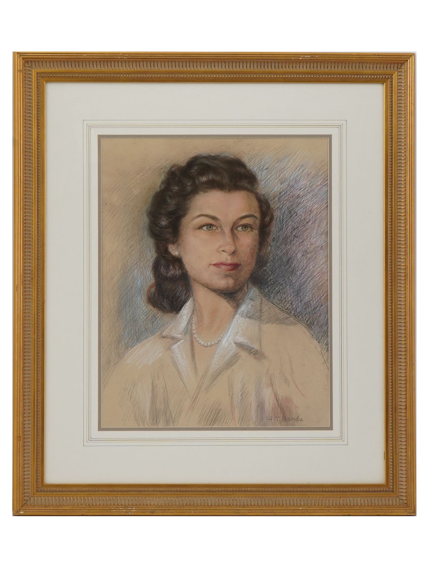 POLISH PORTRAIT PAINTING SIGNED WLADYSLAW T BENDA: A pastel on paper portrait painting depicting a portrait of a young woman with a hairstyle and dress from the early 1940s. Signed lower right, W.T. Benda. Matted and framed. Wladyslaw Teodor Benda, Po
