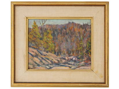 JOHN WILLIAM BEATTY OIL LANDSCAPE PAINTING: John William Beatty, Canadian, 1869 to 1941, oil on canvas painting. The artwork depicts a colorful forest landscape titled Autum Canoe Lake. Circa 1922. Matted and framed. Dominion Gallery black stam
