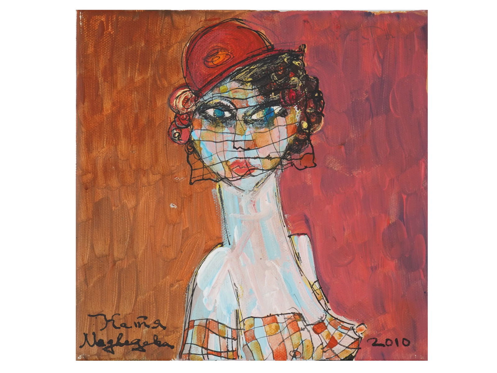 RUSSIAN OIL PORTRAIT PAINTING BY KATYA MEDVEDEVA: Katya Medvedeva, Russian, born 1937, oil on canvas portrait painting. The painting depicts a portrait of a long necked young lady in a hat with a veil on a red background. Signed lower left, dated 201