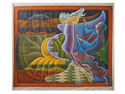 ATTR TO SATISH GUJRAL INDIAN MODERNIST OIL PAINTING: Oil on canvas painting. Attributed to Satish Gujral, 1925 to 2020, an Indian artist, muralist and sculptor of the post-independent era. The artwork depicts a man leading a horse. Signed in the lower r