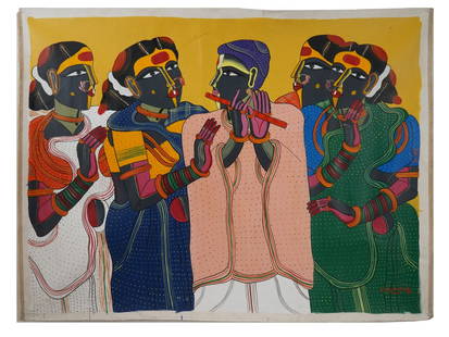 INDIAN ACRYLIC PAINTING SIGNED THOTA VAIKUNTAM W COA: An acrylic painting on canvas depicting a group portrait with a man playing a musical instrument, surrounded by women dressed in traditional saree costumes. Signed lower right. Completed with a certif