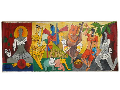 INDIAN ACRYLIC PAINTING SIGNED MAQBOOL FIDA HUSAIN: An acrylic painting on canvas depicting a genre scene from the Sharat series. Signed, Husain, lower left. Completed with a certificate of authenticity, signed. Maqbool Fida Husain, Indian, English, 19