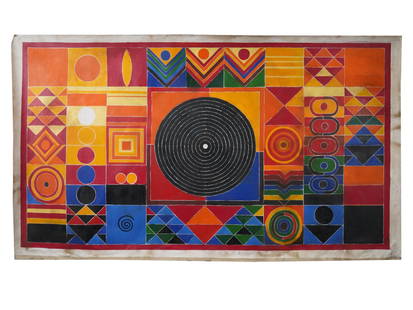 INDIAN ACRYLIC PAINTING SIGNED SAYED HAIDER RAZA W COA: An acrylic painting on canvas depicting an abstract composition, 1987, from the Bindu series. Signed, Raza, inscribed and dated 87, on the backside. Completed with a certificate of authenticity, signe
