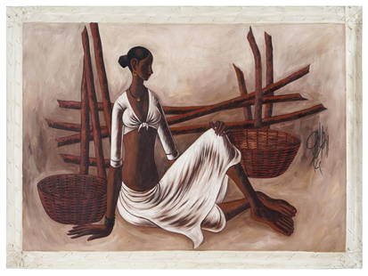 SIGNED B. PRABHA INDIAN FEMALE PORTRAIT OIL PAINTING: Oil on canvas painting signed B. Prabha, 1933 to 2001, a renowned Indian painter best known for her graceful, elongated figures of pensive rural women. The artwork depicts a young woman with woven bas