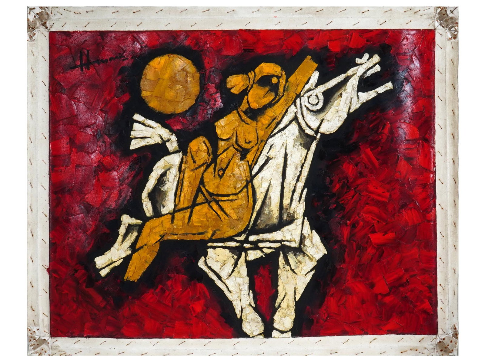 SIGNED MF HUSAIN INDIAN HORSE OIL PAINTING: Oil on canvas painting signed Husain in the upper left. Maqbool Fida Husain, 1915 to 2011, an Indian Modernist artist known for his explorations of Indian culture and the history of British Raj. The a