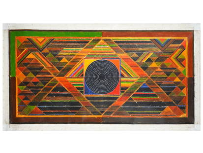 SIGNED SAYED HAIDER RAZA INDIAN PAINTING WITH COA: Acrylic on canvas painting depicting an abstract ornamental composition signed Sayed Haider Raza, or S.H. Raza, 1922 to 2016, an Indian artist based in France, member of the Bombay Progressive Artists
