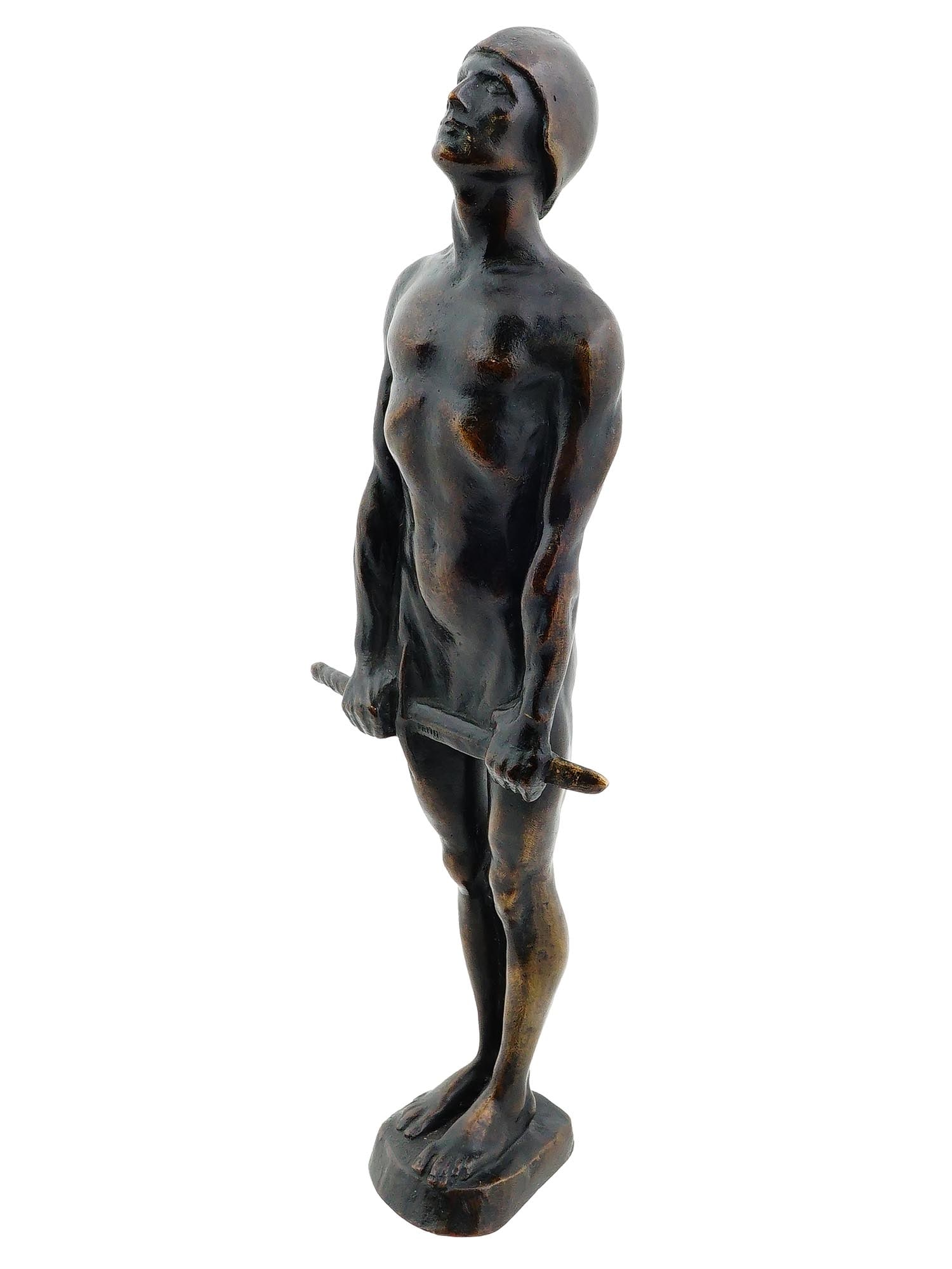 ATTR ANNA COLEMAN WATTS LADD AMERICAN BRONZE FIGURE: Attributed to Anna Coleman Watts Ladd, American, 1878 to 1939, a patinated bronze sculpture, Faith, depicting a figure of a nude warrior. Circa: 1918. Mounted on a base. Marked with casting, Gorhamco 