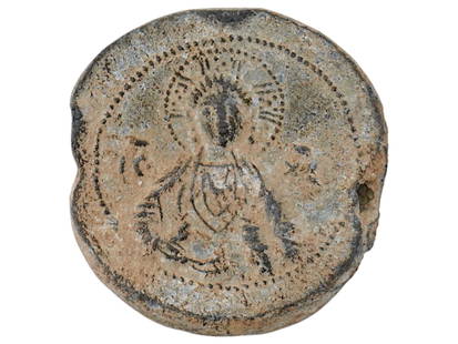 ANCIENT BYZANTINE LEAD SEAL ARTIFACT VIRGIN MARY 9TH C: An ancient Byzantine lead seal artifact, believed to date back to the 9th century CE. Features a finely cast obverse with the Virgin Mary, encircled by a dotted border. The reverse bears a nine-line i