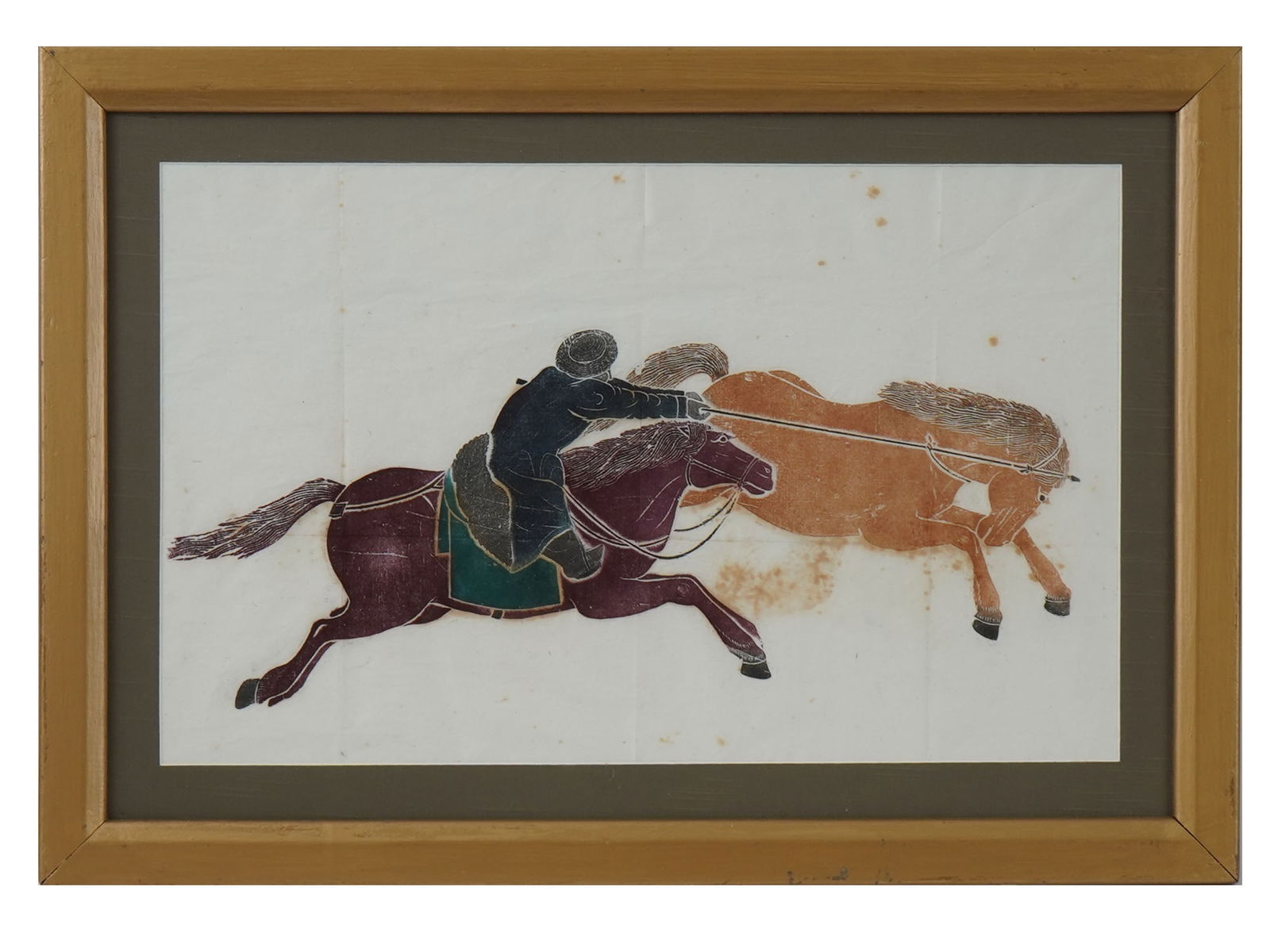 ANTIQUE ASIAN HORSE CATCHING WOODBLOCK PRINT