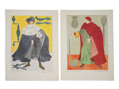 MEDICAL COSTUME PRINTS BY WARJA HONEGGER LAVATER: A pair of medical costume prints by Warja Honegger Lavater, Swiss, 1913 to 2007, depicting a 16th-century surgeon and a 15th-century apothecary. Each print is signed by the artist, who gained internat
