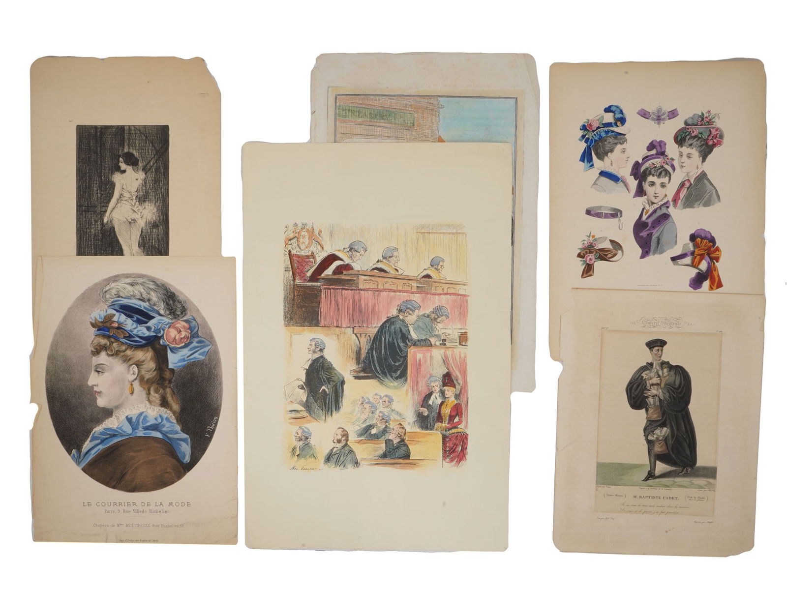 SIX ANTIQUE PRINTS AND LIMITED EDITION ETCHING: A group of six antique prints and a limited edition etching. The lot contains posters of 19th century womens fashion, a satirical poster, a courtroom scene poster, a Mr. Baptiste Cadet poster from a F