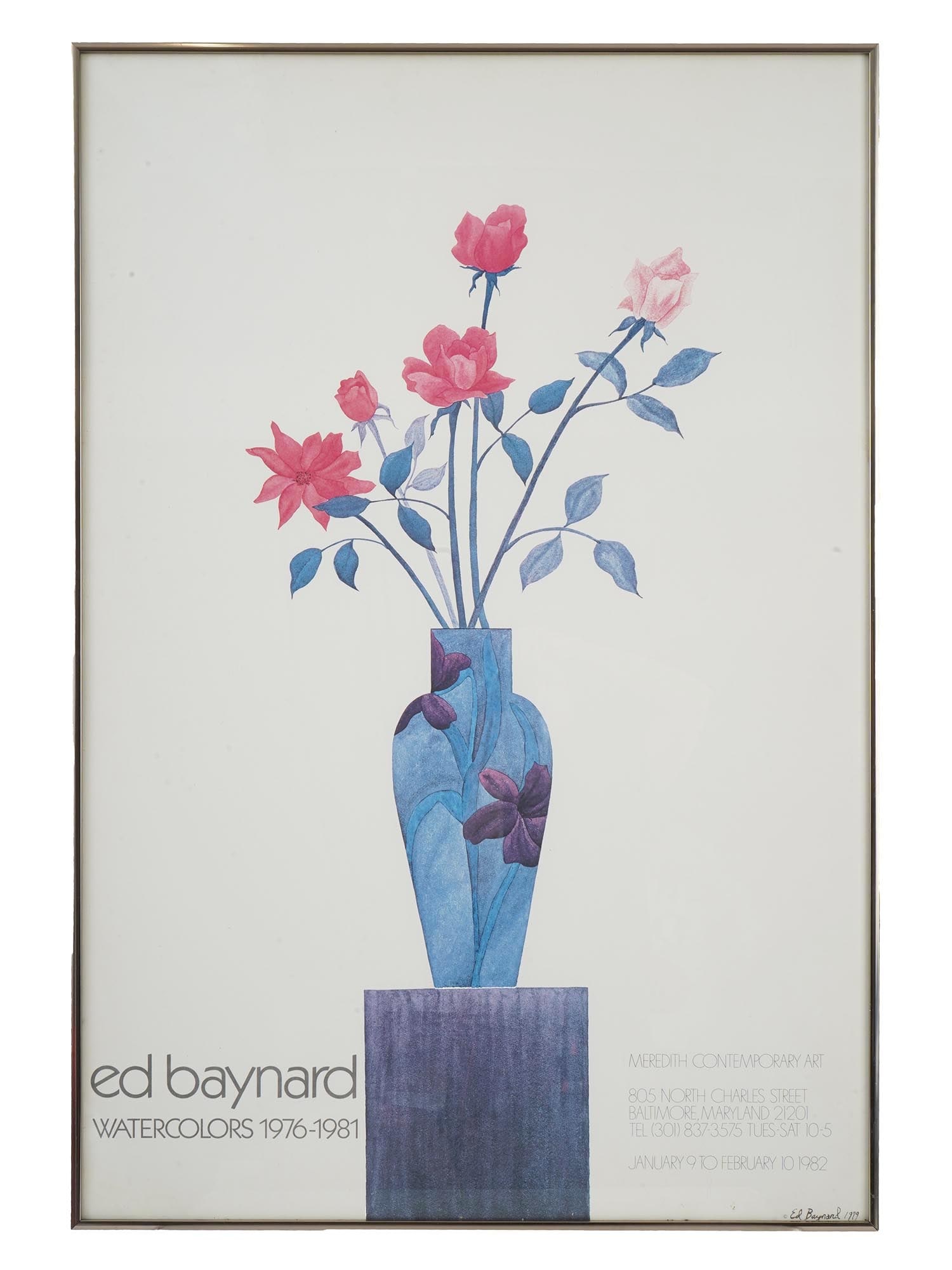 EDWARD BAYNARD AMERICAN 1982 EXHIBITION POSTER: Color poster of the Winter 1982 Ed Baynard exhibition at Meredith Contemporary Art, Baltimore, MD. The print features a 1979 still life watercolor. Framed. Edward or Ed Baynard, 1940 to 2016, was an A