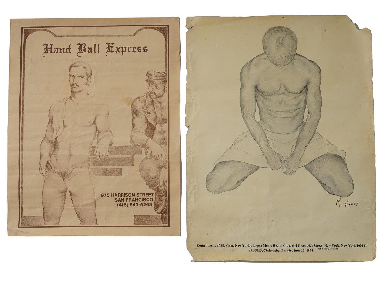 VINTAGE AMERICAN POSTERS HAND BALL EXPRESS AND BIG GYM: A vintage American posters from the 1980s promoting Hand Ball Express bar and Big Gym, New Yorks largest mens health club, signed by R. Evans. Vintage Gay Culture And Memorabilia For Collectors.LOT CO
