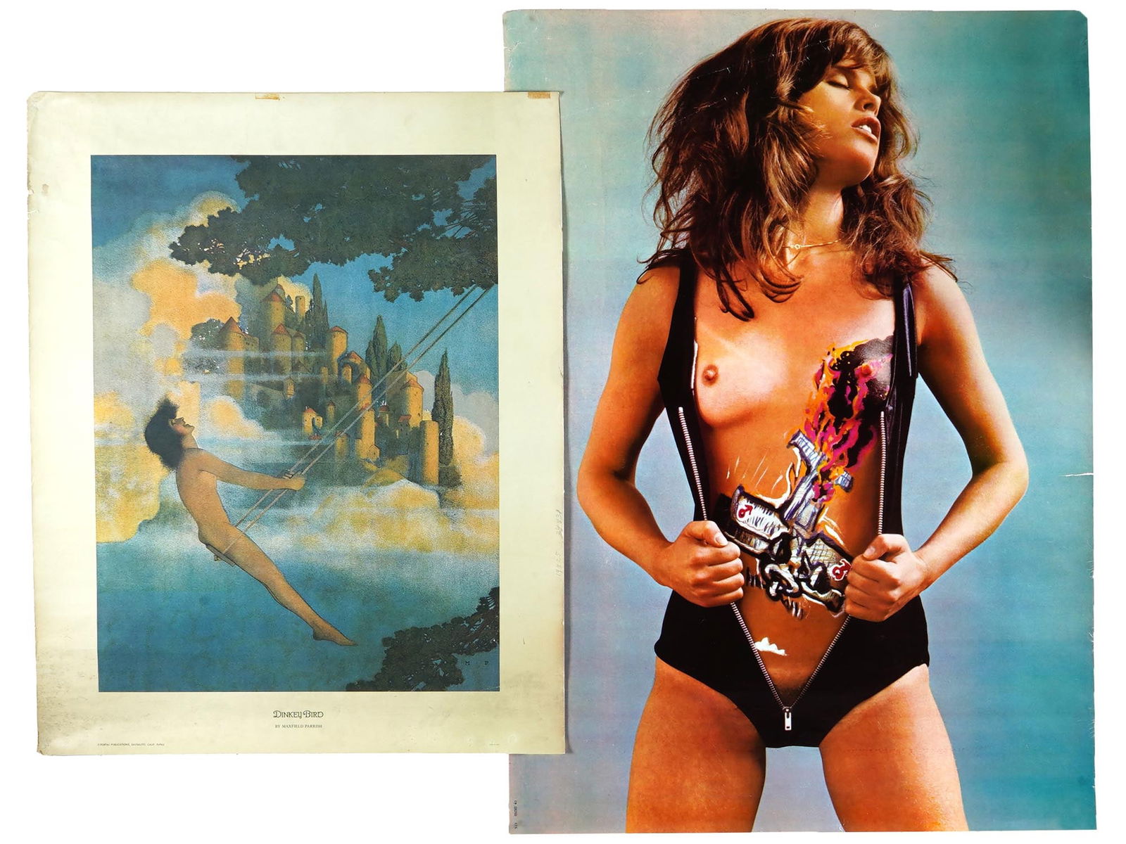 AMERICAN POSTERS BY MAXFIELD PARRISH AND KAY TORSTEN: A pair of vintage American posters by Maxfield Parrish and Kay Torsten. The first poster after the original artwork titled Dinkey Bird, created by Maxfield Parrish, 1870 to 1966, one of the most succe