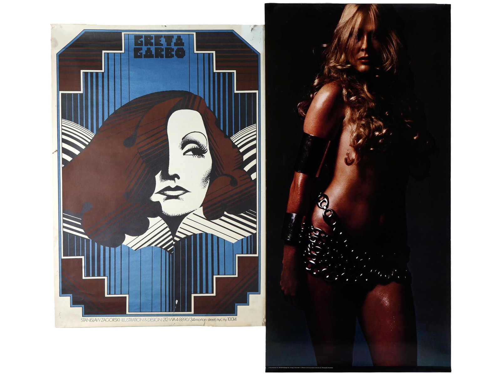 VINTAGE AMERICAN NEW YORK POSTERS 1970S TO 1990S: A lot of two vintage American posters. The first poster, designed by Stanislaw Zagorski, depicts an actress, Greta Garbo. Published circa 1990s. The second poster was printed in 1971 for commercial re