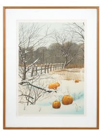 HELEN RUNDELL AMERICAN COLOR LITHOGRAPH PUMPKIN FIELD