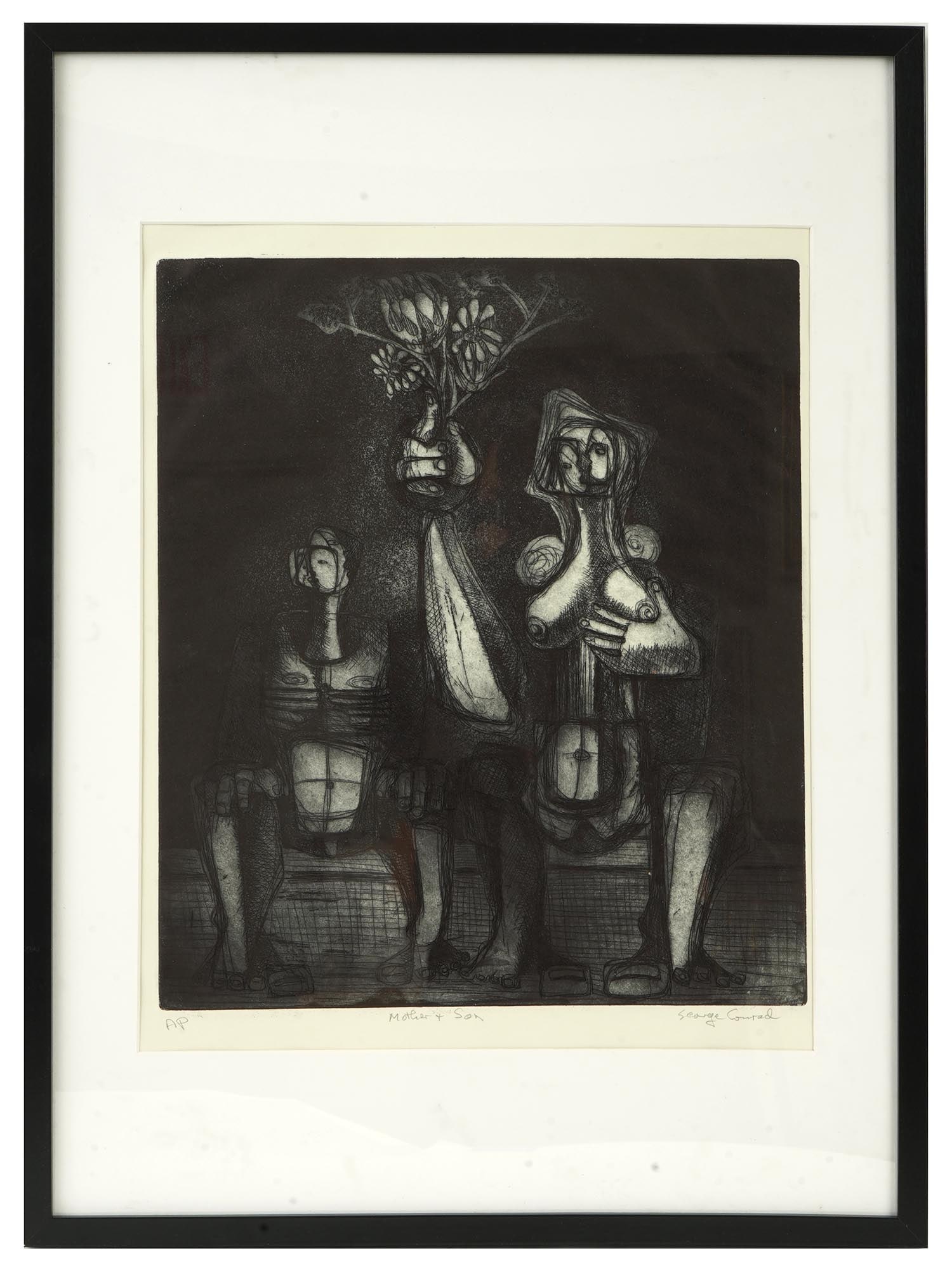 AMERICAN MODERNIST LITHOGRAPHY BY GEORGE CONRAD: George Conrad, 1916 to 2001, American lithography on paper, titled Mother and Son. Signed in pencil, lower right. Title in pencil, lower to the center. Matted and framed. George Conrad was an American