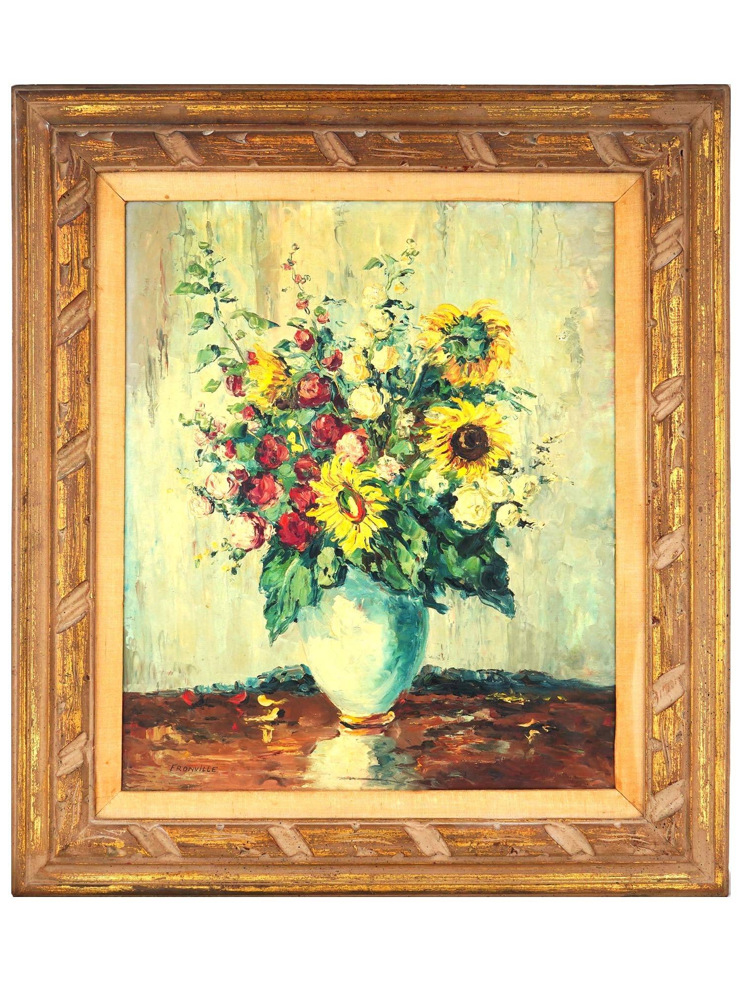CANADIAN ACRYLIC PAINTING BY CONSTANT FRONVILLE: Constant Fronville, a 20th century Canadian painter, an acrylic painting on canvas depicting a still life with flowers. Signed lower left. Circa: 1960s to 1980s. Framed. Constant Fronville is a Modern