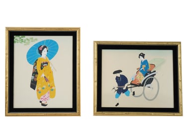 LOT OF TWO JAPANESE INK WATERCOLOR PAINTINGS ON SILK