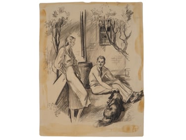AMERICAN CHARCOAL ON PAPER GENRE PAINTING