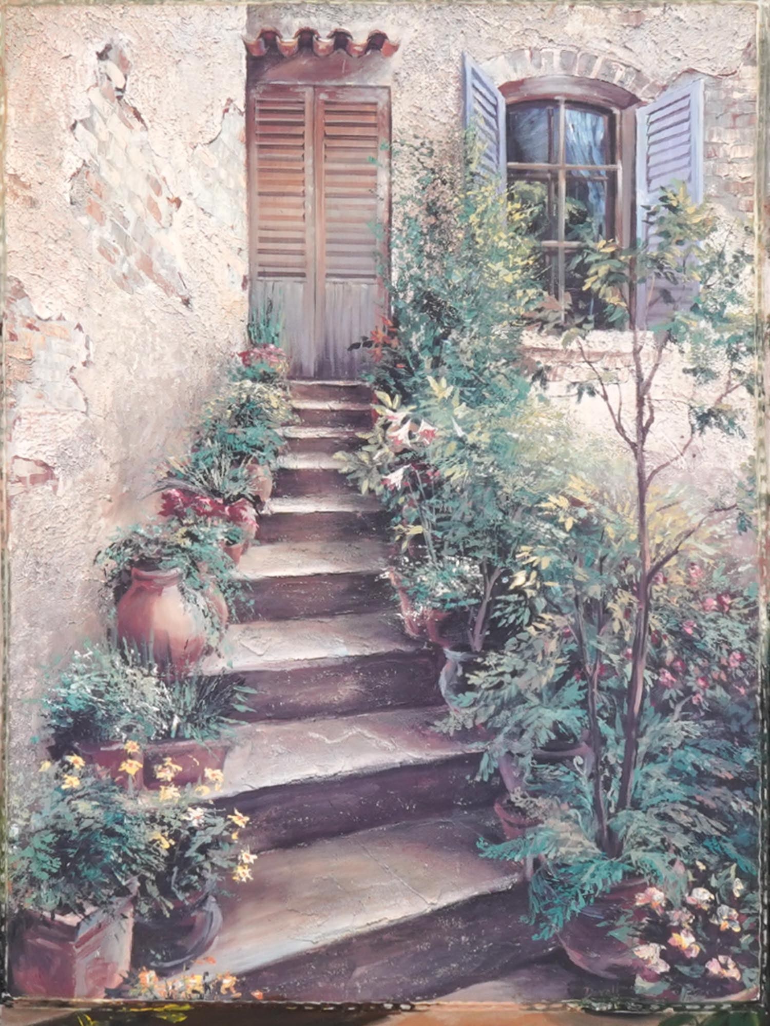 AFTER ROGER DUVALL LANDSCAPE MIXED MEDIA PAINTING: Color offset print and oil on canvas painting. After the artwork titled Village Narrows by Roger Duvall, born 1958, a Canadian artist known for his decorative landscapes of the Provence region of Fran