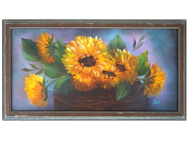 VINTAGE SUNFLOWER STILL LIFE OIL PAINTING SIGNED