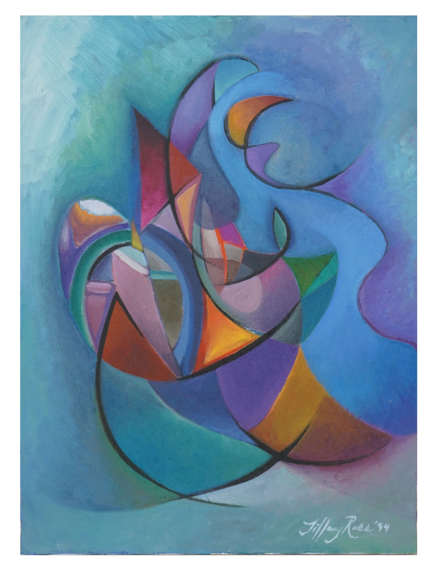 CONTEMPORARY ABSTRACT OIL PAINTINGS SIGNED: A pair of late 20th-century American oil on canvas paintings. First. A human head with its inner organs revealed observes the Jupiter. Unsigned. Framed. Second. An abstract composition. Signed by the