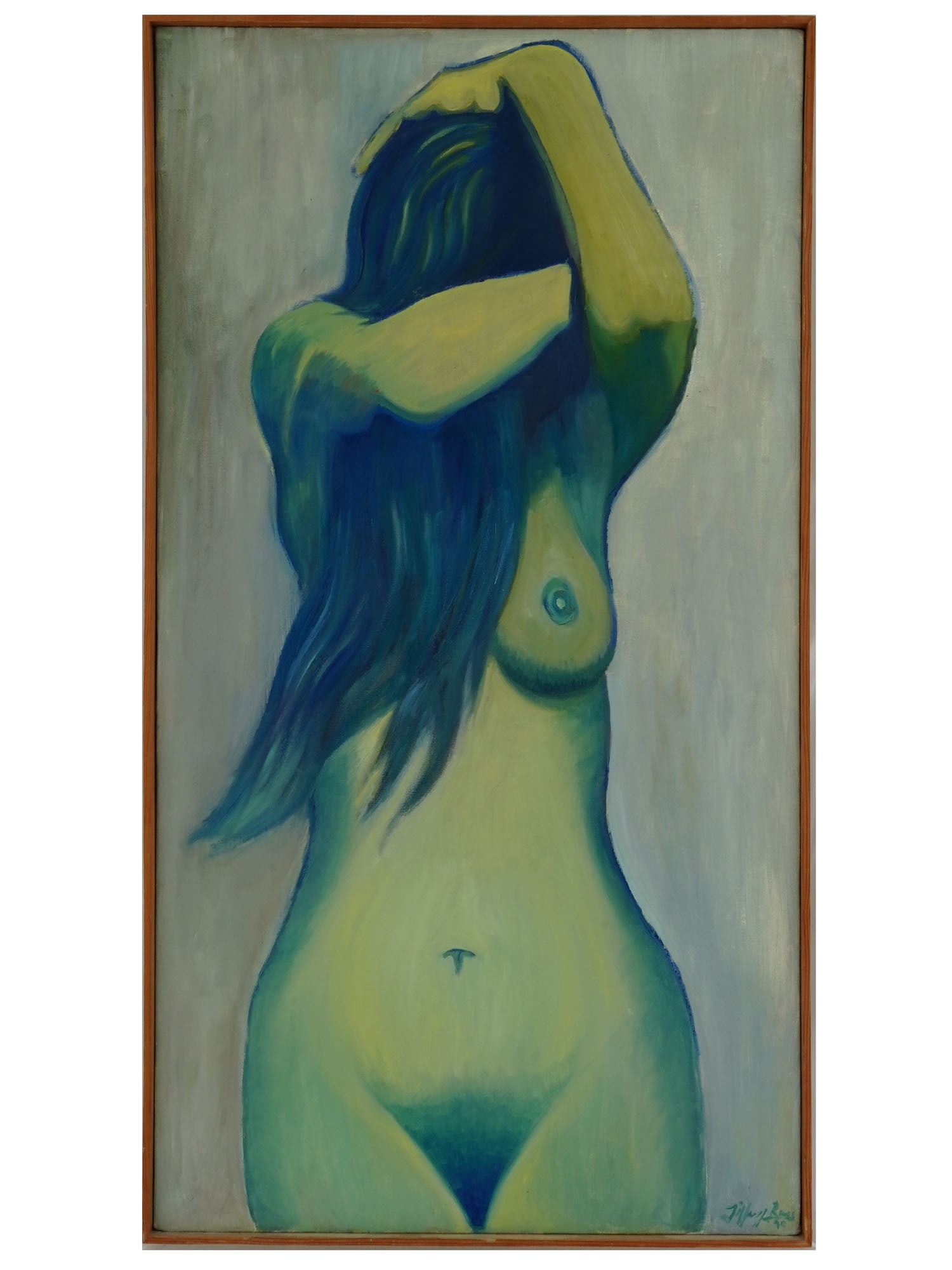 CONTEMPORARY OIL PAINTING JILLANY ROSS FEMALE NUDE: A contemporary oil painting on canvas depicting a female nude portrait. Signed Jillany Ross lower right and dated 1990. Modern Paintings And Art Collectibles. Dimensions: Frame 34 1/2 x 18 1/2 in. Ima