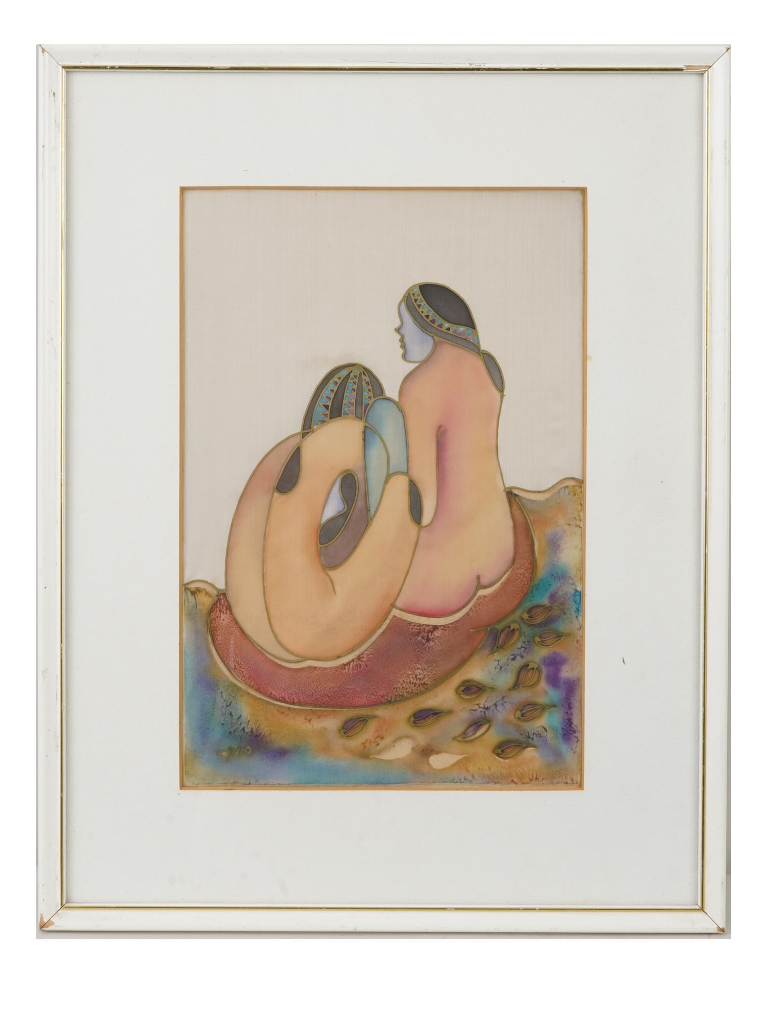CONTEMPORARY BATIK PAINTING ON SILK SIGNED: Hand-dyed batik painting on silk. Late 20th-century. The artwork represents two nude women from the back. Signed by the artist, Ino, in the lower left. Matted and framed. Collectible Fine Art And Wall