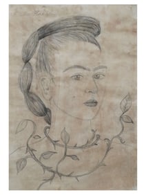 ATTR TO FRIDA KAHLO SELF PORTRAIT PENCIL PAINTING
