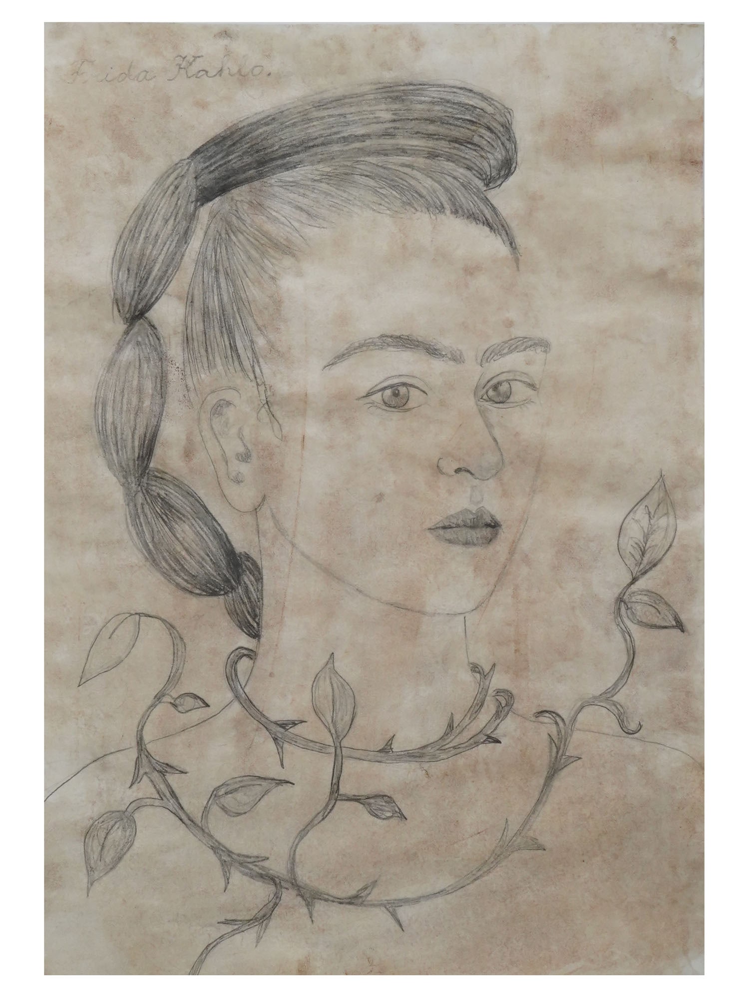 ATTR TO FRIDA KAHLO SELF PORTRAIT PENCIL PAINTING: Attributed to Frida Kahlo, American, Mexican, 1907 to 1954, pencil painting on paper, Self Portrait. Circa: 1935 to 1940. Signed upper left. Stamped with a gallery stamp, Julien Levy Gallery, New York