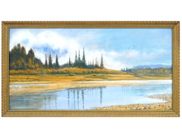 RUSSIAN SCHOOL RIVER LANDSCAPE OIL PAINTING FRAMED