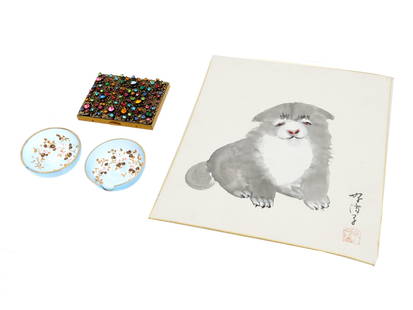 VINTAGE PORCELAIN BOWLS PAINTING AND CIGARETTE CASE: A set of various vintage pieces, including a pair of porcelain bowls with hand-painted floral motifs, a Japanese ink painting on paper depicting a dog, signed lower right, and a rhinestone cigarette c
