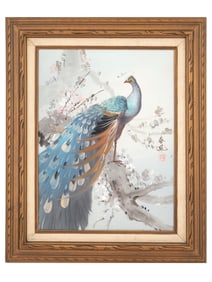 VINTAGE ORIENTAL PEACOCK OIL PAINTING SIGNED