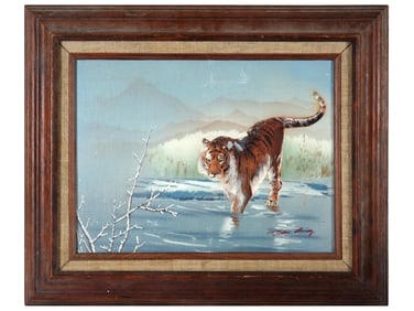 VINTAGE OIL PAINTING LANDSCAPE WITH A TIGER SIGNED
