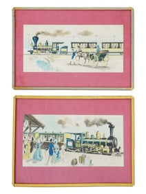 AMERICAN FOLK ART GENRE SCENE PAINTINGS W TRAINS