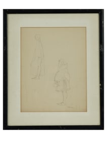 MID CENTURY PENCIL DRAWING SIGNED TWO MEDIEVAL MEN