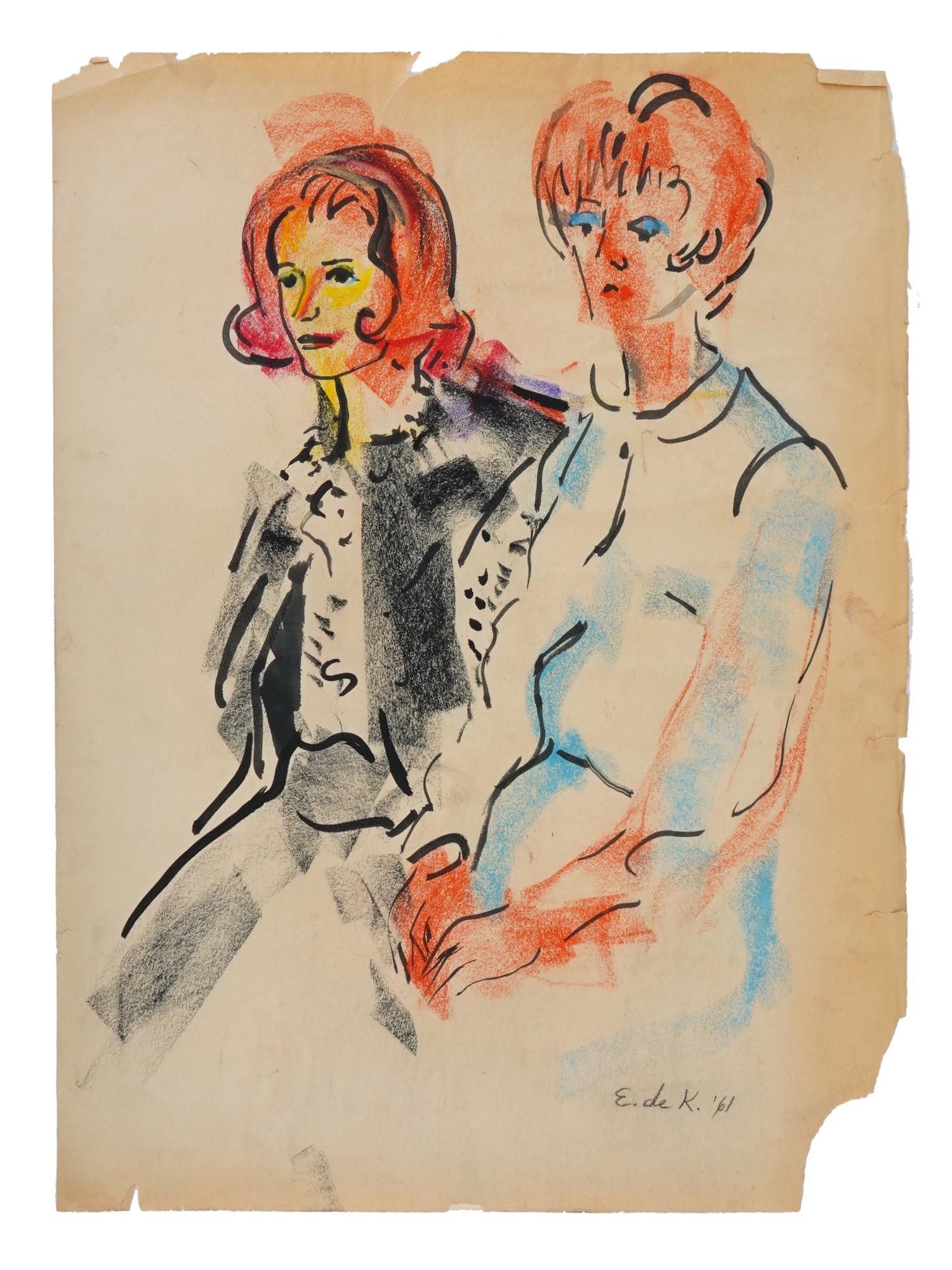 ATTR TO ELAINE DE KOONING MIXED MEDIA PAINTING: Attributed to Elaine Fried de Kooning, American 1918 to 1989, a mixed media painting on paper depicting a portrait of a woman. Signed lower right. Elaine Marie Catherine de Kooning was an Abstract Exp