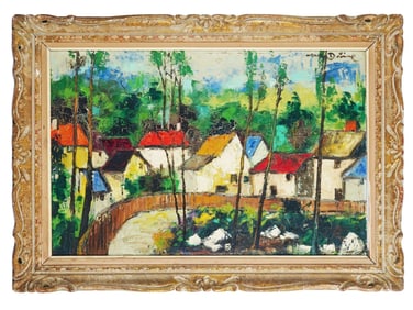 FRENCH VILLAGE LANDSCAPE PAINTING BY RENE DETIRE