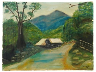OIL ON CANVAS LANDSCAPE PAINTING SIGNED E HART 1958