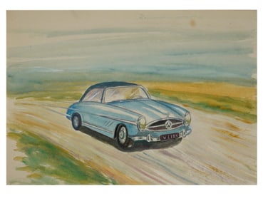 MID CENTURY MIXED MEDIA DRAWING MERCEDES CAR UNSIGNED