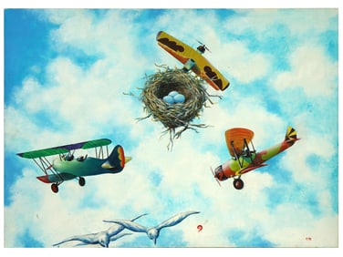 AMERICAN SURREALIST AVIATION OIL PAINTING SIGNED