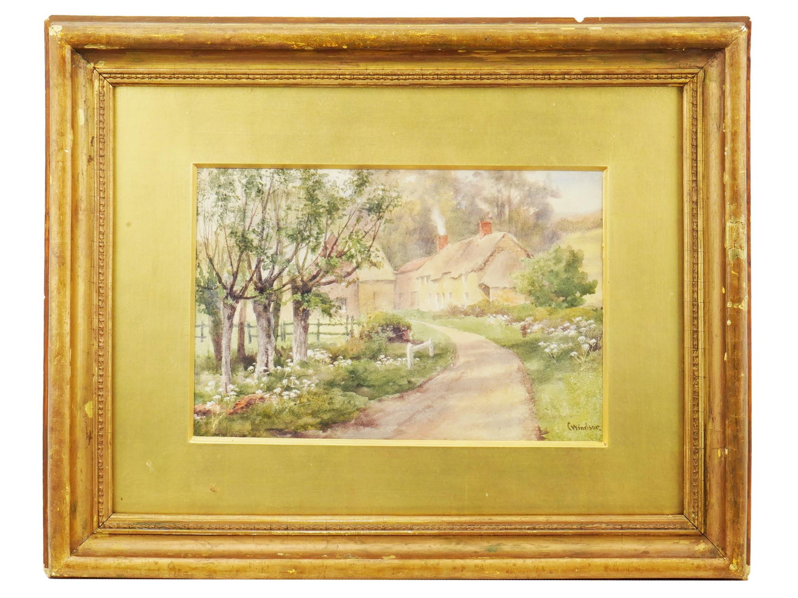 ATTRIBUTED TO CLAIRE WINDSOR WATERCOLOR PAINTING: Attributed to Claire Windsor, American, 1892 to 1972, watercolor painting on paper depicting a rural landscape. Signed lower right. Framed. Born in Kansas on April 14, 1892. Arriving in Los Angeles in